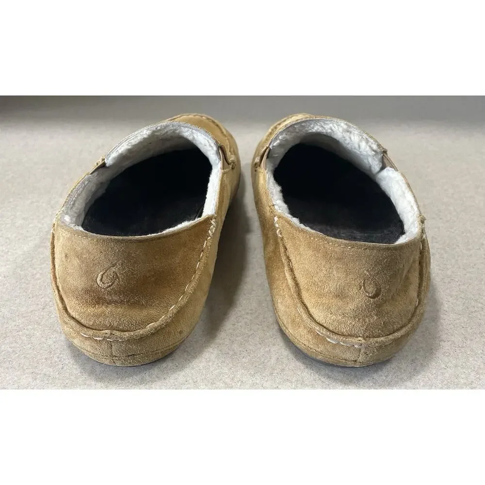 Olukai Moloa Slipper Men's Size 12 Beige Leather, Sheep Fur Lining, Drop In Heel